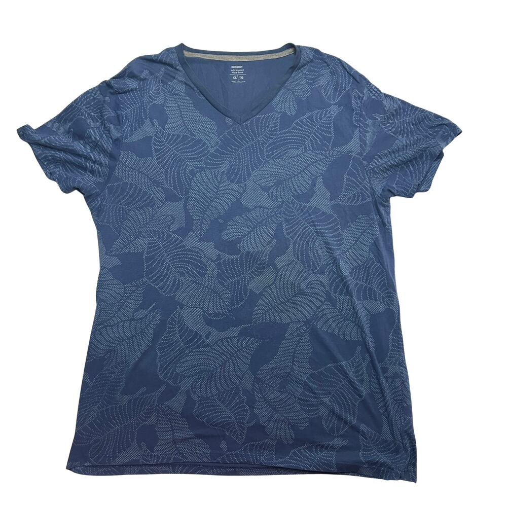 Old Navy Men's XL Blue Tropical Palm Leaf V-Neck T-Shirt Surf Style Hawaiian Y2K